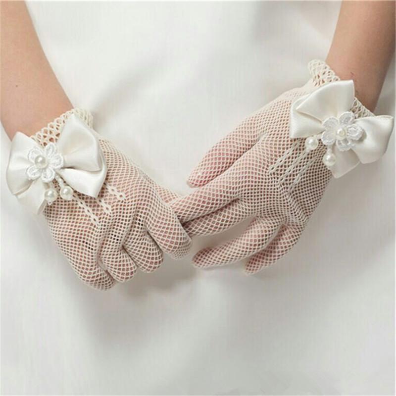 White Princess Wedding Gloves for Girls Mesh Evening Children's Holiday Accessories with a Bow Birthday Performance Gloves