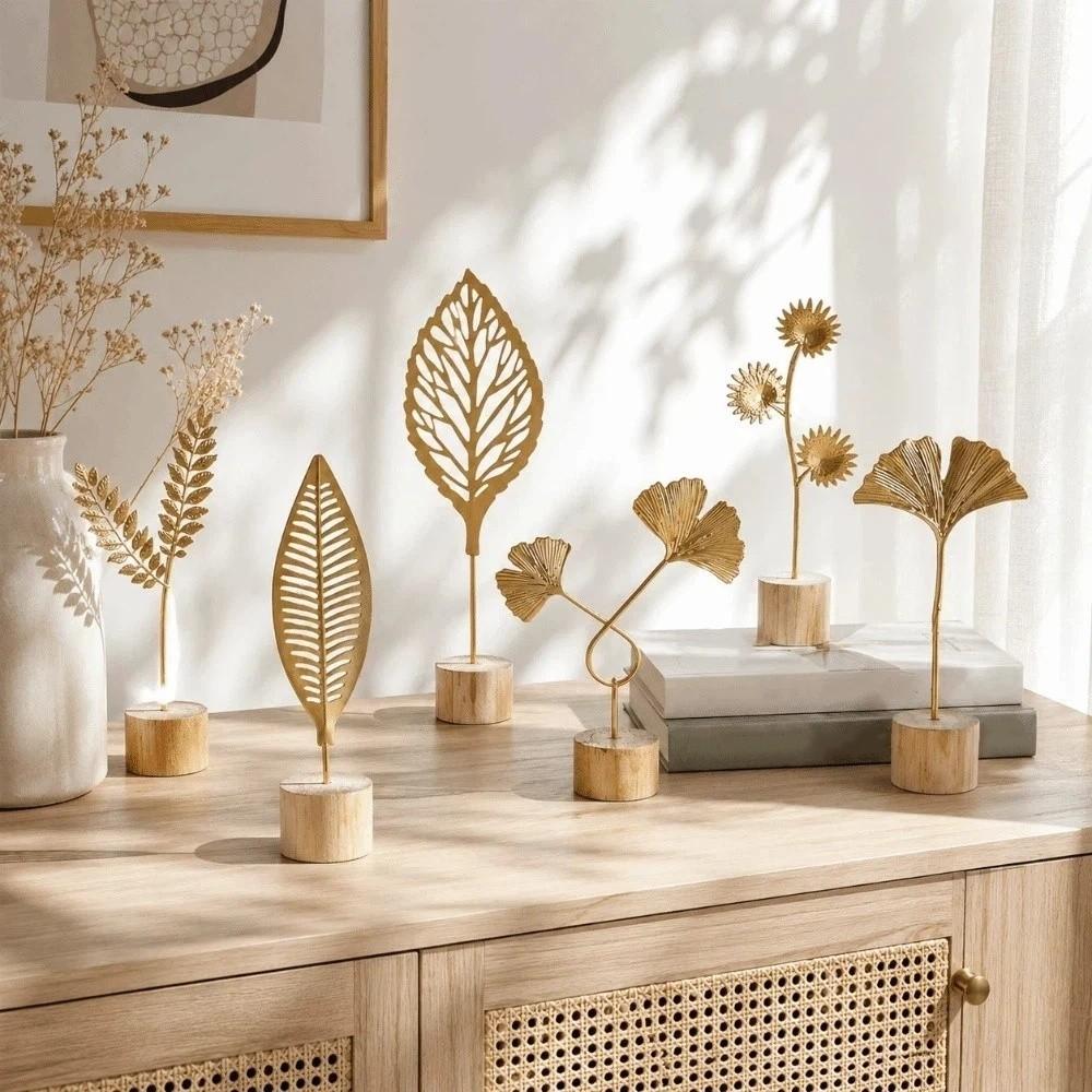 Flower Wrought Iron Ornaments Wood Base Ginkgo Leaf Ornament Scandinavian Style