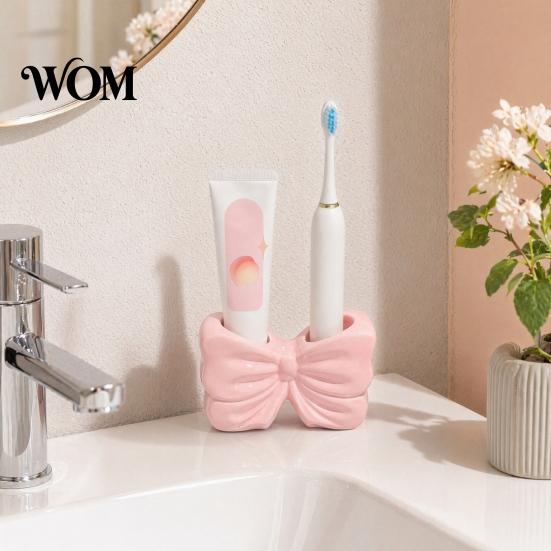 No Drill Bathroom Accessory 3D Printed Bow Toothbrush Holder, Adhesive Cup with Dual Holes for Pink White Organizer & Toothpaste, Cute Decor,
