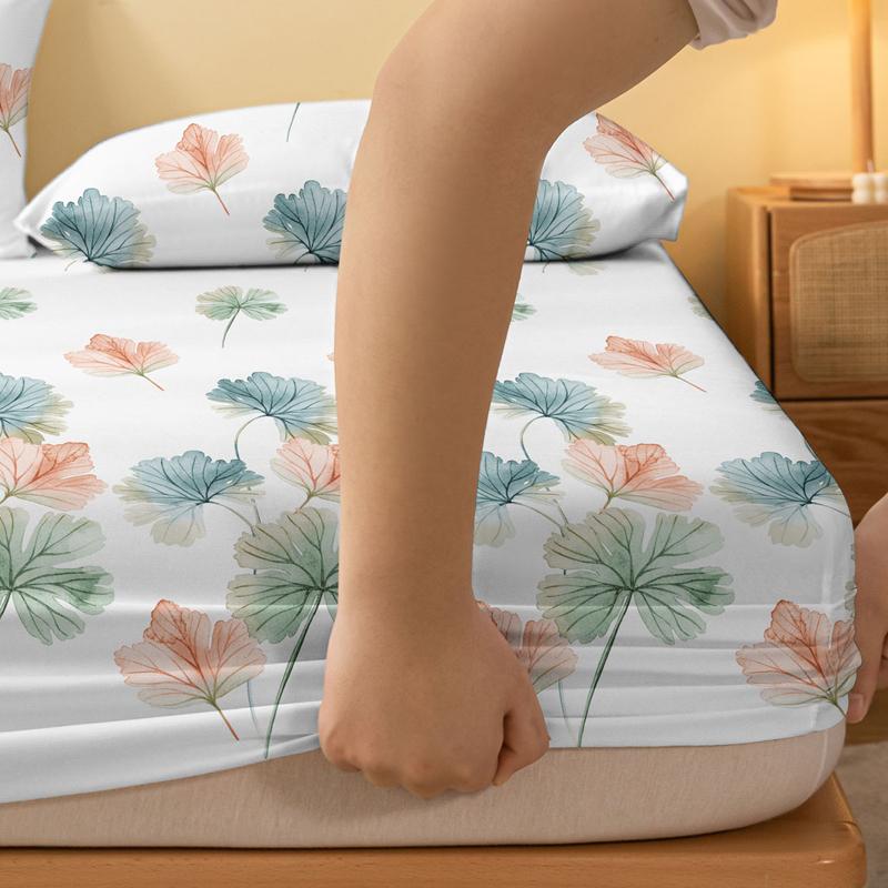 1 Simple Modern Plant Leaves Printed Matte Fitted Sheet, Bedroom Printed Bed Cover, Bedding (Excluding Pillowcases)