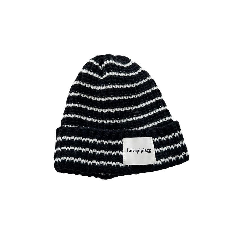 Women's Autumn and Winter Vintage Striped Knit Hat, Large Head Circumference, Face Slimming, Warm Ear Protection, Knitted Cold Weather Hat