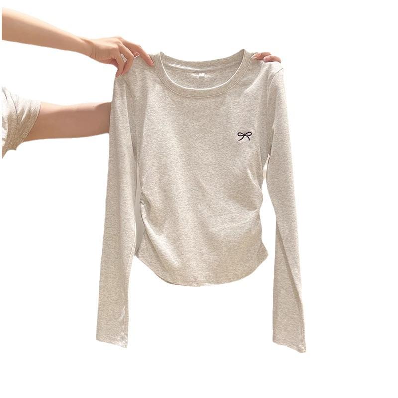 Женский топ с круглым вырезом, вышивкой бантом, длинными рукавами и плиссировкой, ранняя осень