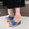 Fashion Fashion Blue Denim Wedge Sandals for Women Peep Toe Chunky Platform Slippers Woman 2025 Summer Comfort Thick Sole Beach Slides