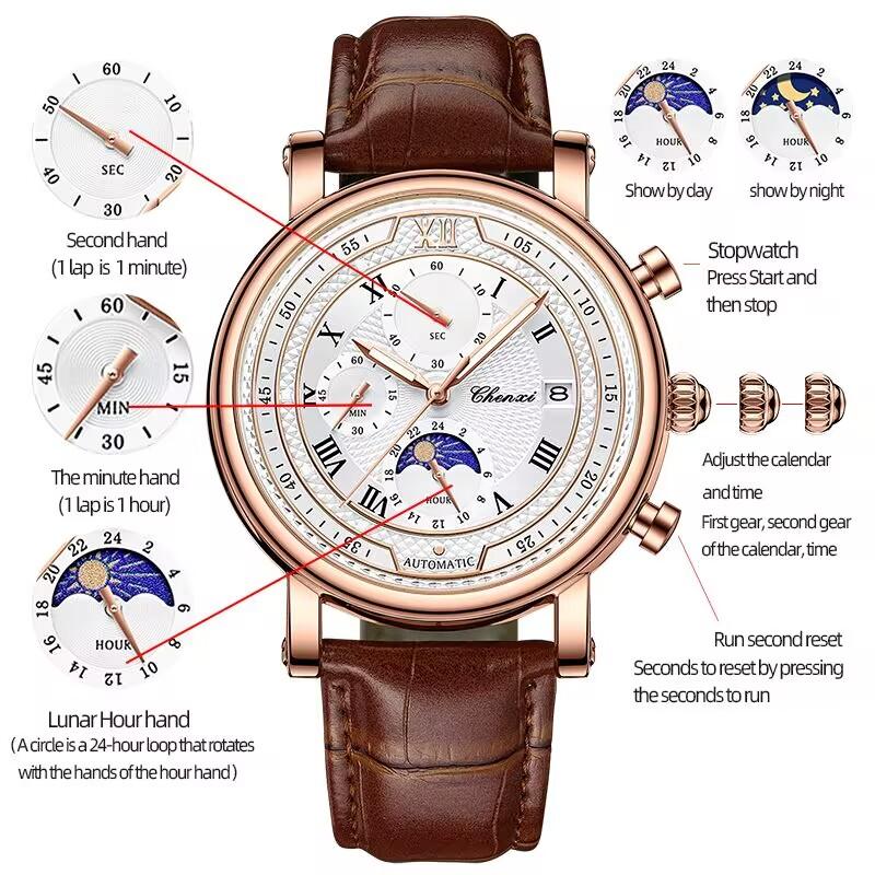Chenxi Men's Watch Leather Chronograph Date Quartz Watches Phase Moon Timing Business Luminous Wrist Watch