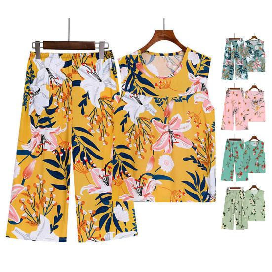 2 Pcs/Set Women Vest Pants Set Flower Print Round Neck Sleeveless Loose Pleated Elastic Waist Wide Leg Casual Homewear Mid-aged Mother Pajamas Set