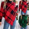 Autumn and Winter Casual Checkered High-neck Long-sleeved Puffed Sweater for Christmas Women's Wear
