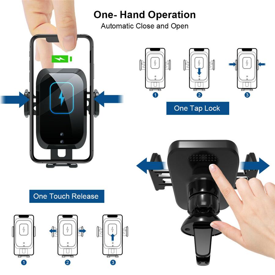 360° Automatic Clamping 10W Qi Wireless Fast Car Charger  Mount Air Vent Cell Phone Holder With Build-in Battery