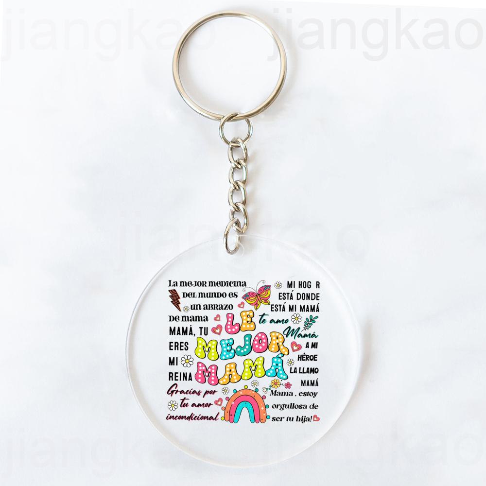 Intelligent Loving Brave Mother Spanish Print Keychain Circle Chain Acrylic Keyring Holiday Birthday Mother's Day Gift for Mama