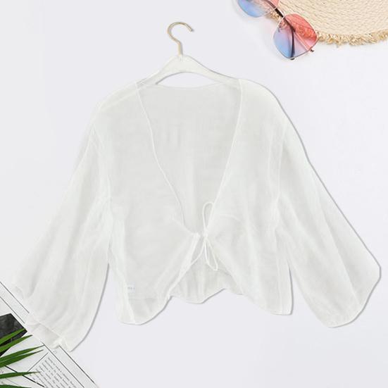 Women Sheer Chiffon Cardigan with Front-tie Transparent Loose Top Elegant Retro Style Shawl for Vacation Beach Daily Wear