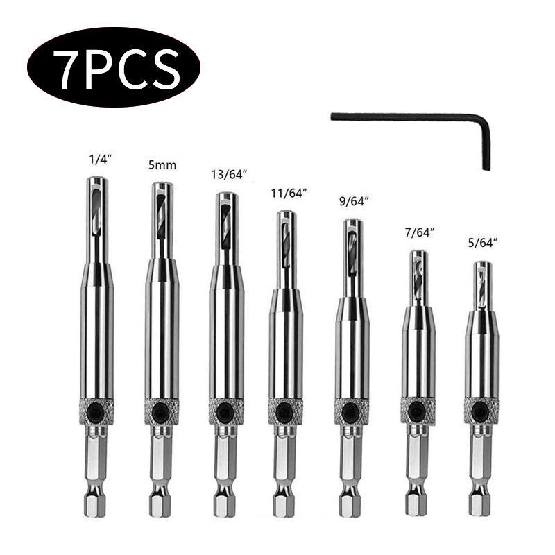 Self-centering Door and Window Hinge Hole Opener with Integrated Hexagonal Shank Drill Set.