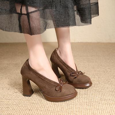 Белые французские ретро туфли на толстом каблуке женские весенние и осенние новые модные туфли с бантом и круглой головкой темпераментные водонепроницаемые туфли для стола