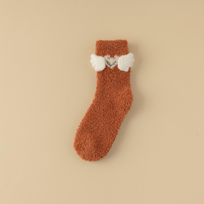 Three-Dimensional Wing Fleece Socks Women'S Coral Fleece Cartoon Embroidered Tube Socks Winter Fleece Thickened Floor Socks