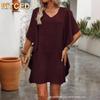 Модные летние весенние однотонные принтованные повседневные платья с коротким рукавом и V-образным вырезом