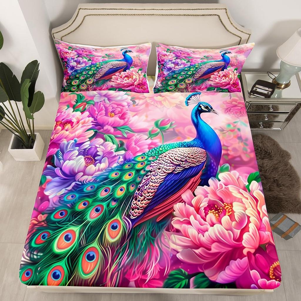 Beautiful Peacock Fitted Sheet Double Size,Watercolor Butterfly Bedding Set for Kids Girl Room Decor,Bed Cover with Pillowcases