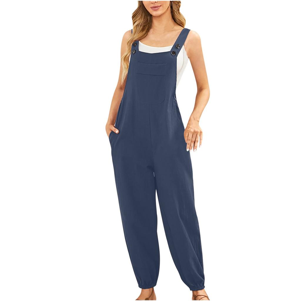 Women's Fashionable Casual Solid Color Sleeveless Vest Cotton Linen Jumpsuit Pocket Overalls