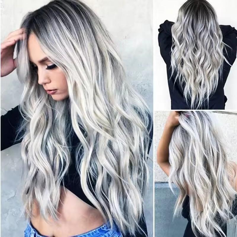 Long Wavy Synthetic Wig Women Black Gray Gradient Fashionable Heat Resistant Fiber