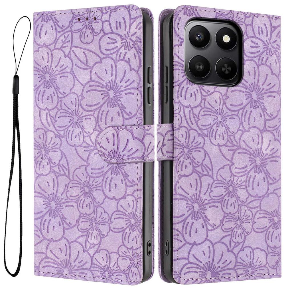 For Honor 400 Smart 5G Flip Case Cherry Blossom Pattern Leather Wallet Stand Phone Cover with Wrist Strap