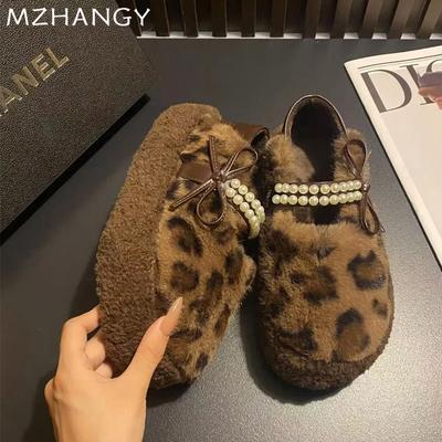 Модные женские туфли из хлопка с меховым леопардовым принтом, туфли на плоской подошве и бисером на платформе, женские 2025, трендовые зимние повседневные теплые платья с бантом, удобные зимние сапоги Mujer