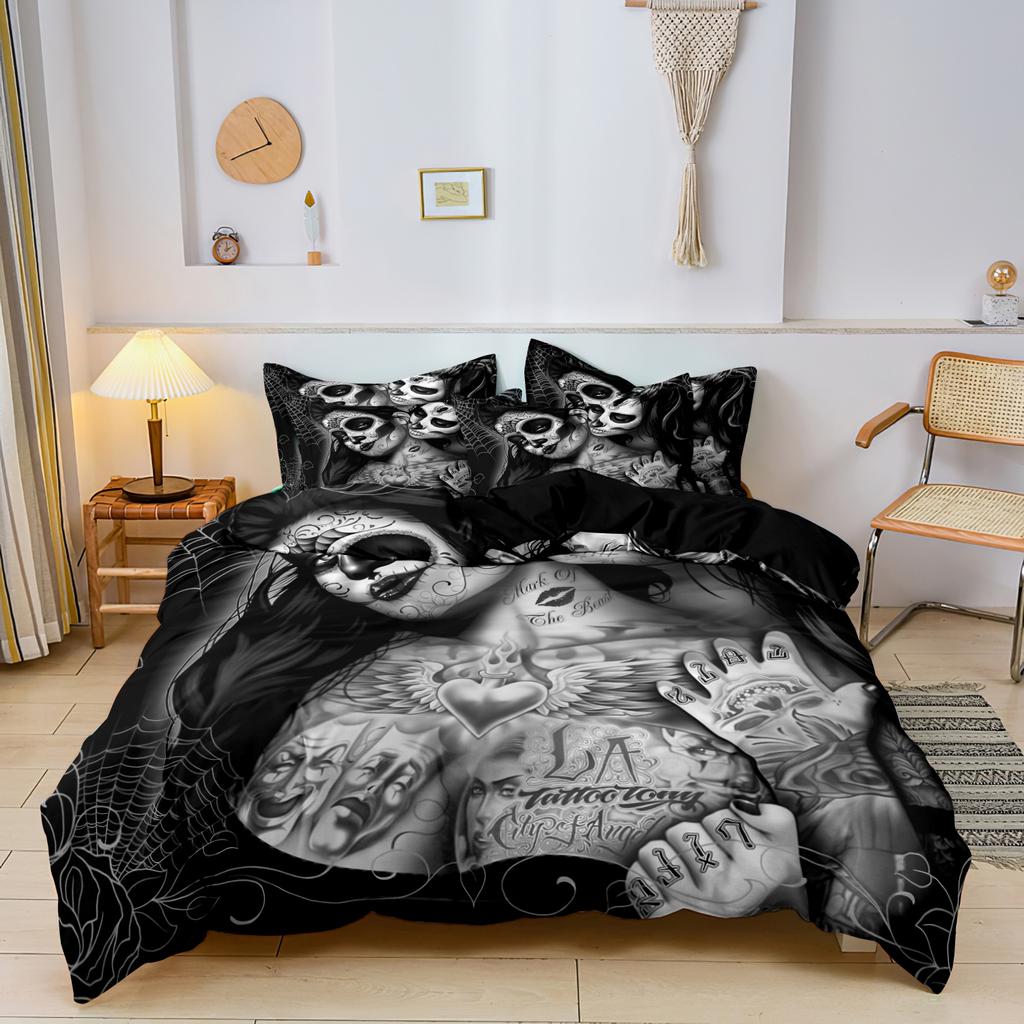3 предмета Готический мексиканский сахарный череп Женщина Пододеяльник Постельное белье Цветочные и черепные узоры - Идеально для празднования Дня мертвых