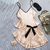 2 шт./комплект женский пижамный комплект атласный бретельки без рукавов спинка V-образный вырез топ эластичный пояс оборка плиссированный бант декор шорты комплект домашняя одежда