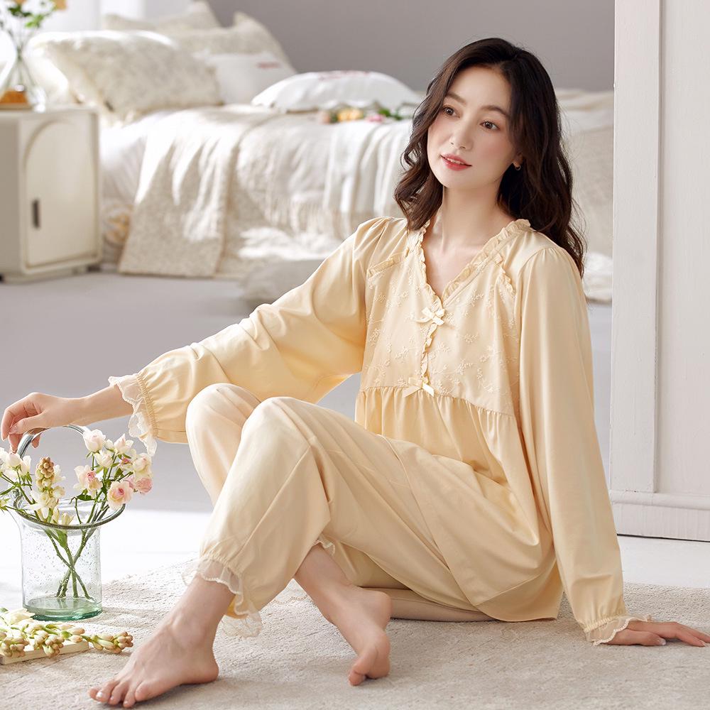 Женский пижамный комплект из лайкры и хлопка: Осенний топ с длинным рукавом и V-образным вырезом и брюки, однотонные, повседневная домашняя одежда