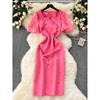 French Style Fancy Exquisite Rhinestone Puff Sleeves Dress Dress Women's Summer Special Interest Light Luxury Slim-Fit Figure Flattering Long Dress