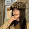 Pu Leather Brim Baseball Cap Y2K Women Leopard Print Hat Retro Lamb Wool Berets