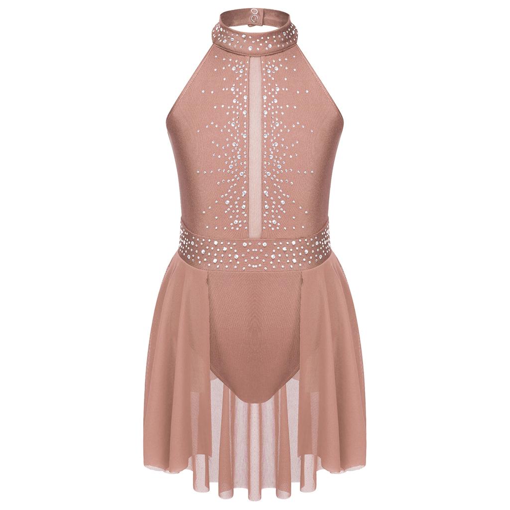 Girls Dance Performance Dress Sleeveless Mock Neck Shiny Rhinestones Decorated Cutout Back Leotard