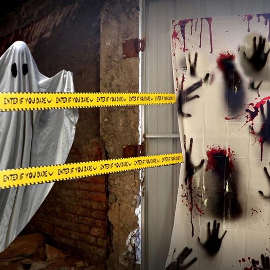 Halloween Warning Tape Plastic Skull Keep Out Danger Ribbon Warning Line Spooky Party Prop for Door Window Wall Tree Gate Yard Lawn