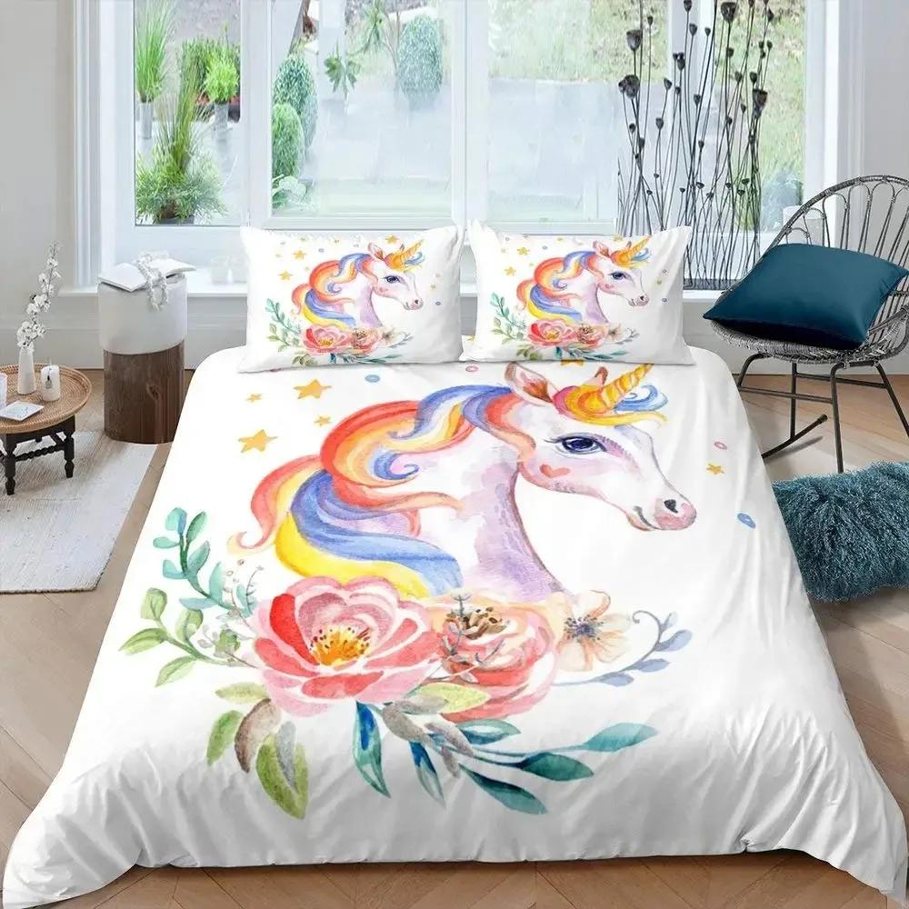 Комплект пододеяльника с кошкой-единорогом размера queen, Комплект постельного белья с радужным единорогом, Мультяшный комплект постельного белья для девочек с волшебными животными и сладким мороженым