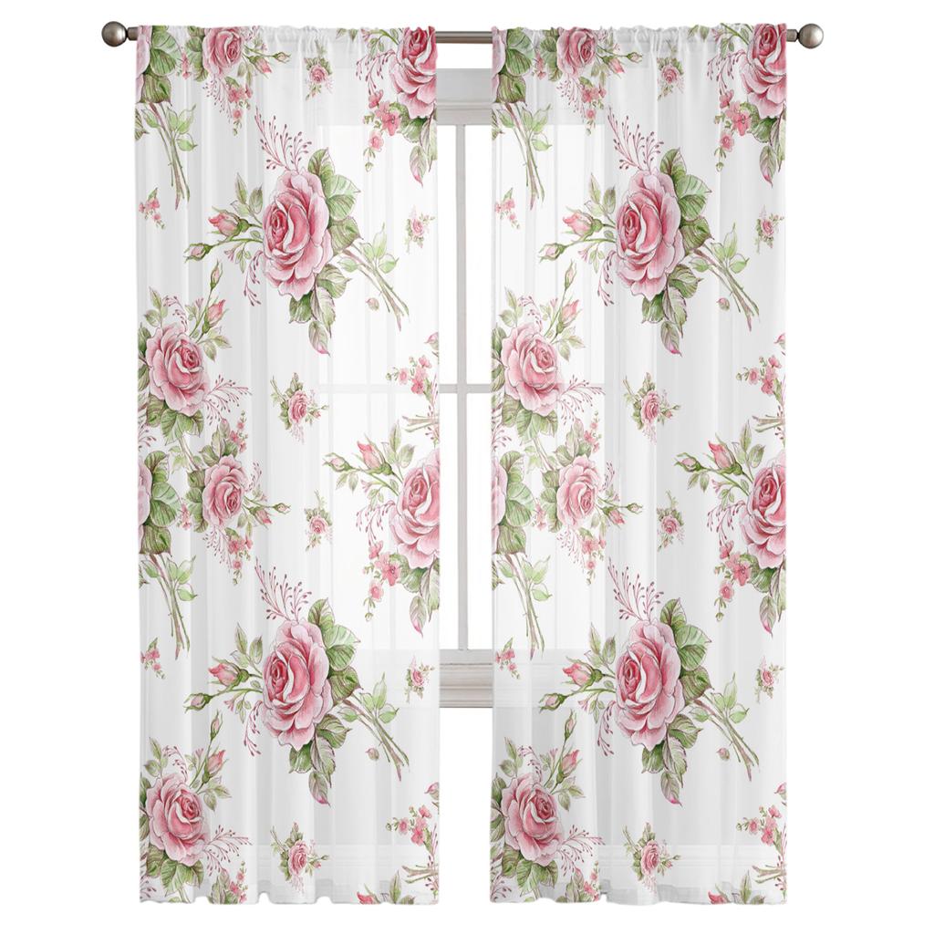Розовая роза, романтические роскошные тюлевые шторы, современная гостиная, кухня, шифоновая занавеска, прозрачная занавеска для спальни