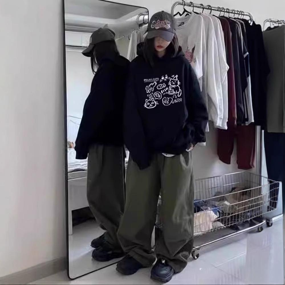 Женские осенне-зимние повседневные худи с капюшоном и длинными рукавами, с большим карманом, с принтом кошки-палочки