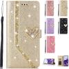 Luxury Bling Diamond PU Leather Flip Case Rhinestone 3D Love Heart Glitter Wallet Cover for iPhone Samsung Huawei