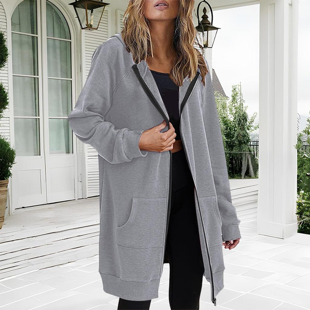 Women's Fashionable Solid Color Long Sleeved Hooded Pocket Casual Hoodie Jacket