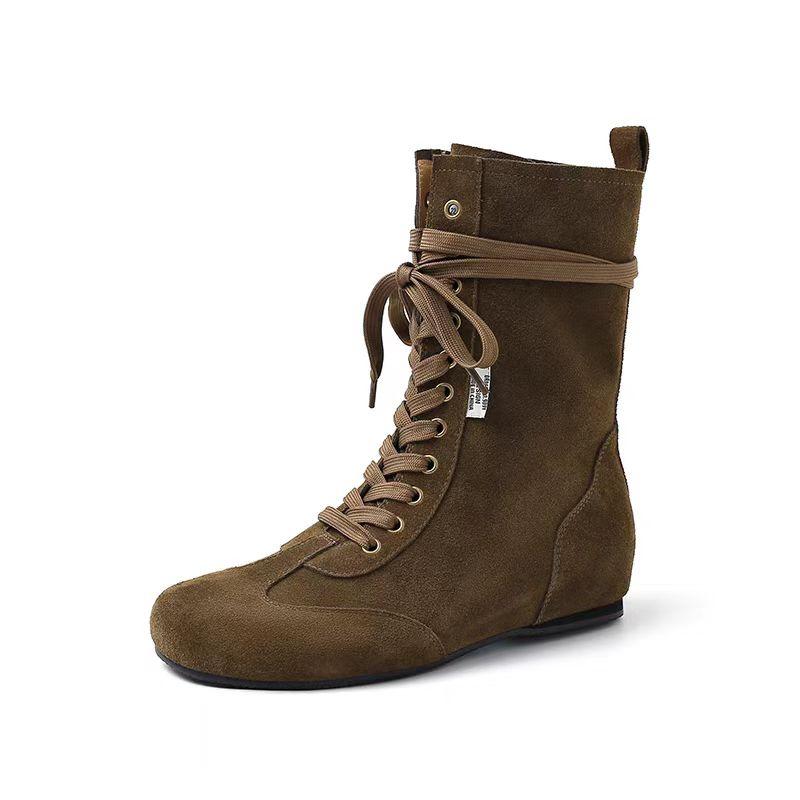 Fashion Autumn New Low Heel Single Boots Women's Fashion Round Head Suede Front Lace-up Anti-slip Wear-resistant Short Boots