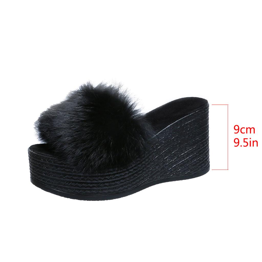 Aphixta Платформа Тапочки из Натурального Кроличьего Меха Женские Черные Клиновидные Шлепанцы Каблук 9 см Женская Обувь Клиновидные Тапочки Ретро Шлепанцы