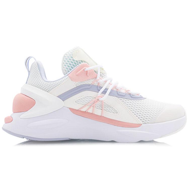 Li Ning Обувь спортивная повседневная с амортизацией Fire, противоскользящая, износостойкая, низкая посадка, женская, бело-розовая AGLQ058-2