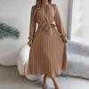 Women's Fashion Retro Solid Color Long Sleeve Waist Pleated Skirt Stand Collar Pullover Dress
