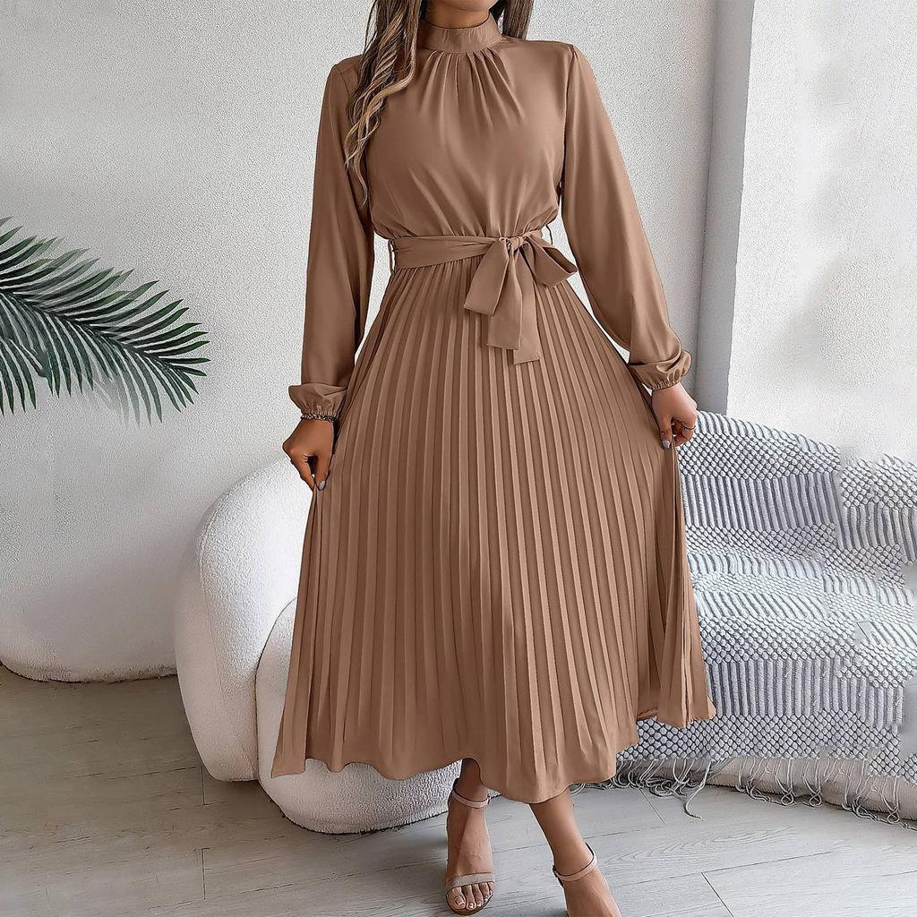 Women's Fashion Retro Solid Color Long Sleeve Waist Pleated Skirt Stand Collar Pullover Dress