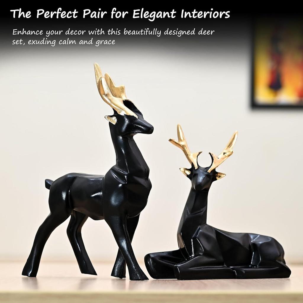 Набор из 2 элегантных оленей | Искусно выполненные статуэтки хиранов для декора дома и офиса, вдохновленные природой, идеально подходят для подарка любителям природы и друзьям (черный)