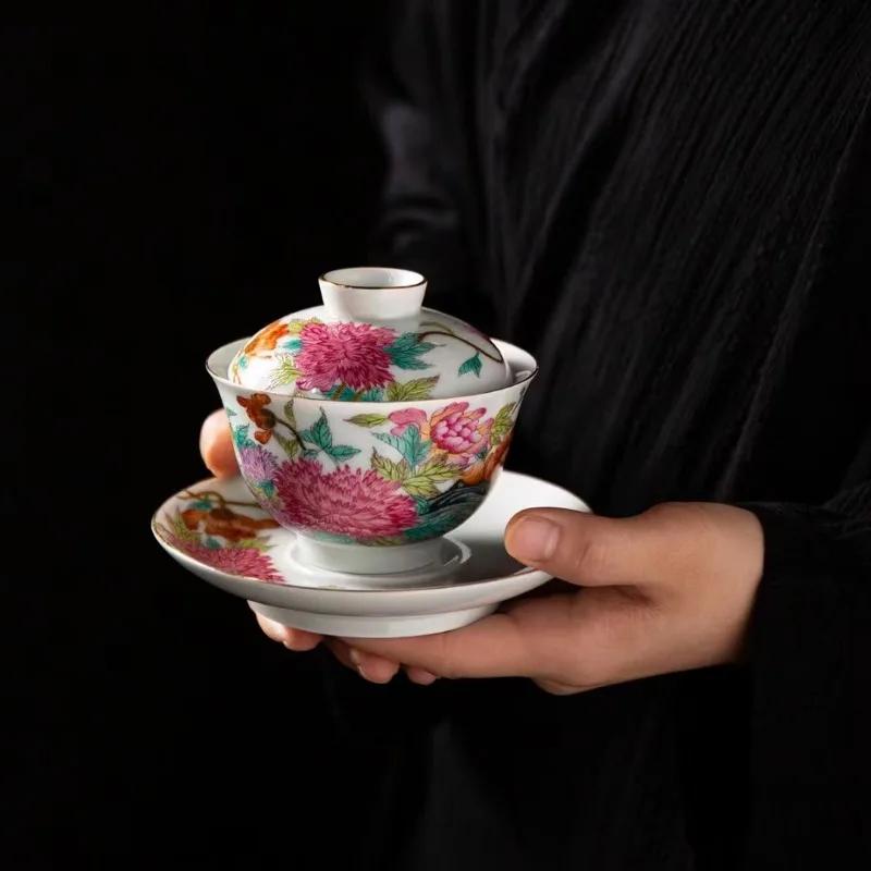 Ceramic Gaiwan with Cover, Teacup Light, Chinese Beauty Tea Infuser, Home Tea Set Accessories, Palace , Enamel Color