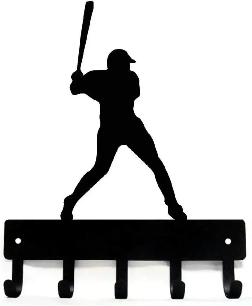 Baseball Batter Sport - Key Hooks Holder - 6 Inch Wide Metal Wall Art Iron Crafts, Decorative Organizer for Sports Enthusiasts