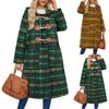 Women's Cow Horn Button Woolen Loose Retro Hooded Plaid Long Coat Jacket