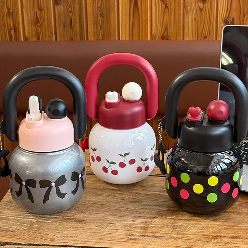 Portable Large Capacity Water Cup Cherry Plastic Straw Water Bottle Double Drink Bowknot Sippy Cup Gifts