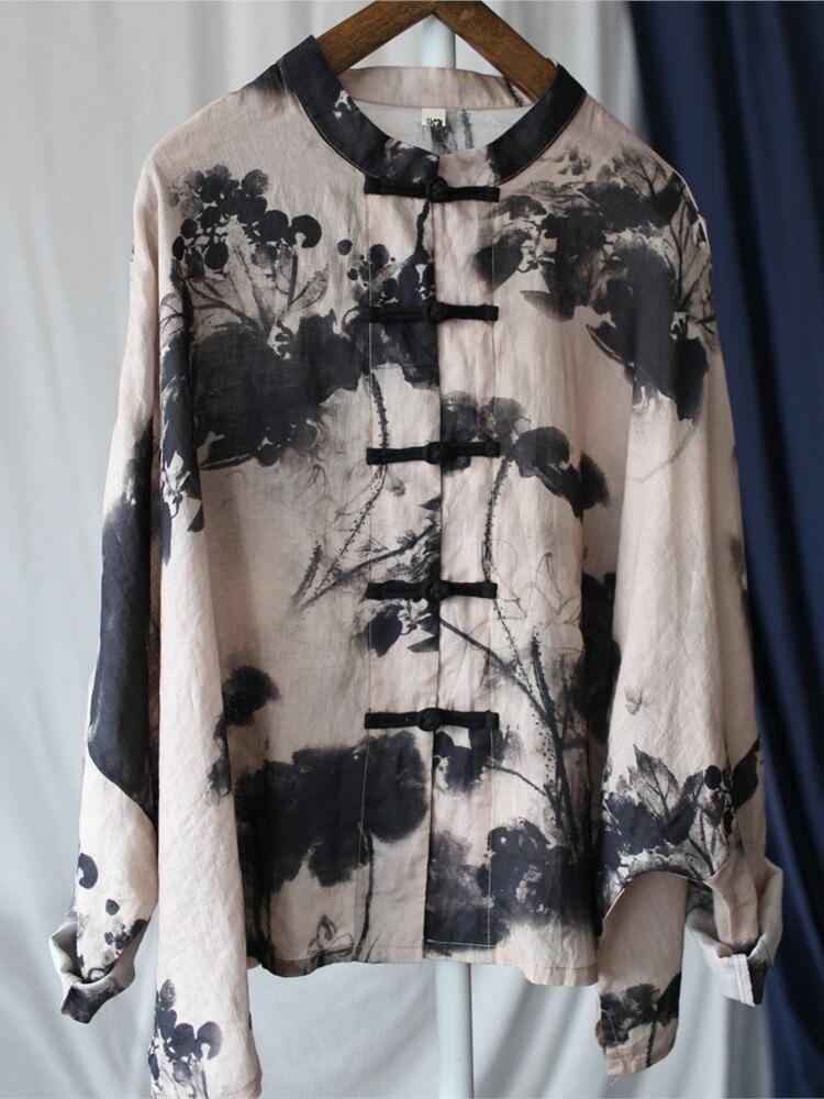 Johnature Женские рубашки рами в китайском стиле, топы на пуговицах с длинными рукавами, свободные осенние блузки, рубашки с принтом, стирка чернил