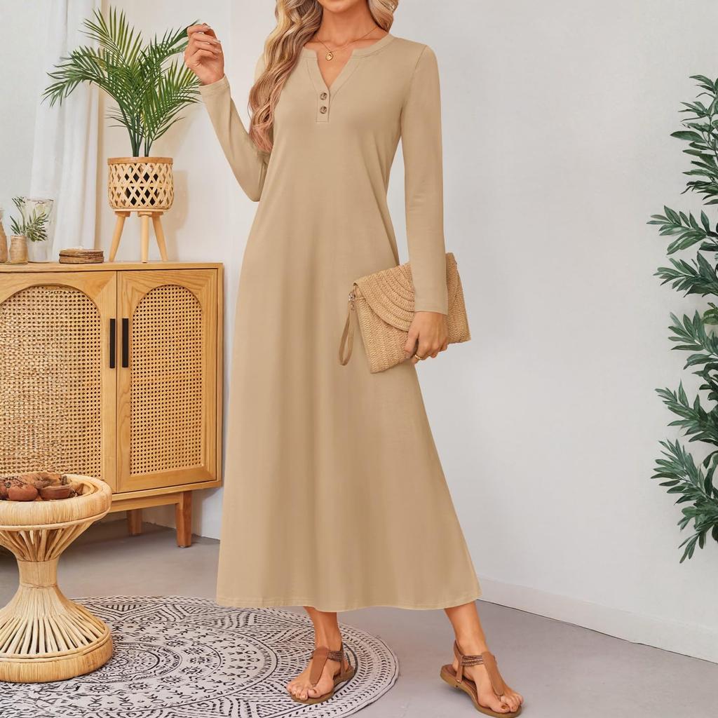 Женское однотонное удобное платье свободного кроя с длинным рукавом, элегантное платье