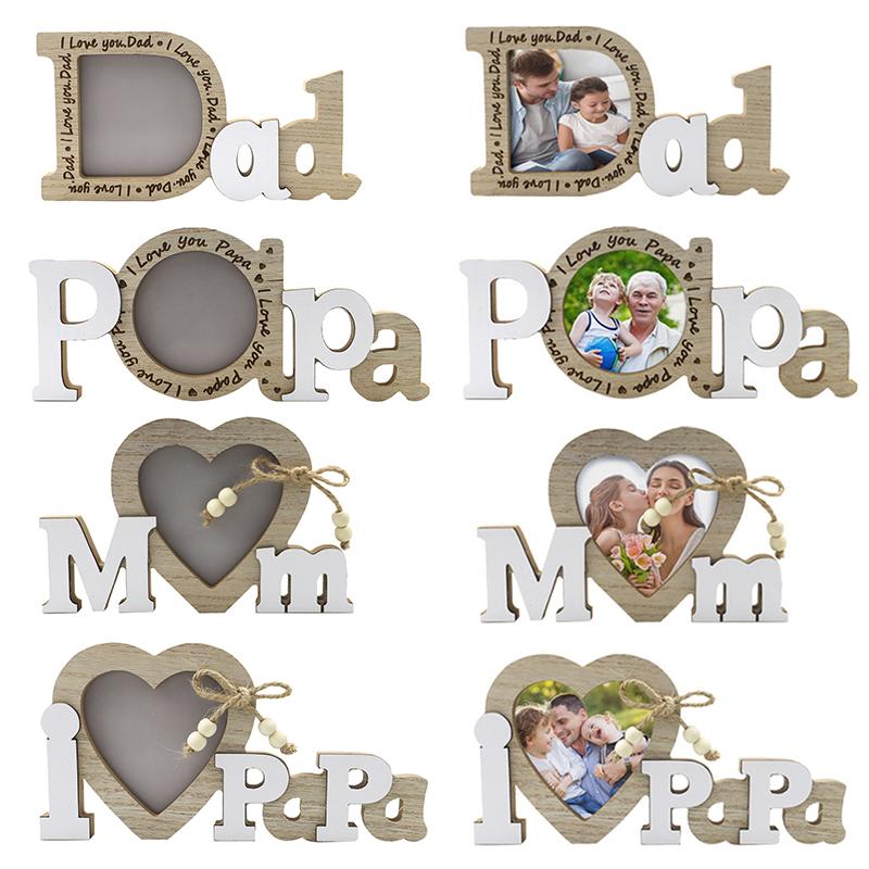 Letter Heart Photo Frame Wooden English Letter Photo Frame Dad Papa Mum Pattern Picture Frame