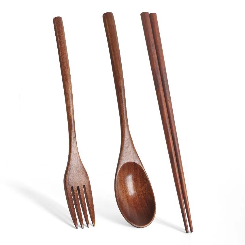 3 PCS Set Wooden Spoons Forks Chopsticks with Tangled Threads of Long Handled Solid Wood Adult Portable Spoons Forks Tableware