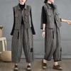 Spring and Autumn Large Size Contrast Color Striped Loose Meat-covering Shirt Cotton and Linen Striped Vest Harem Pants Two-piece Suit