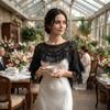 New Vintage Cheongsam Crochet Tippet Mesh Trim Ruffle Hollow-Out Shawl Black Off‑Shoulder Shawl Cape Coat Summer Sun Protection